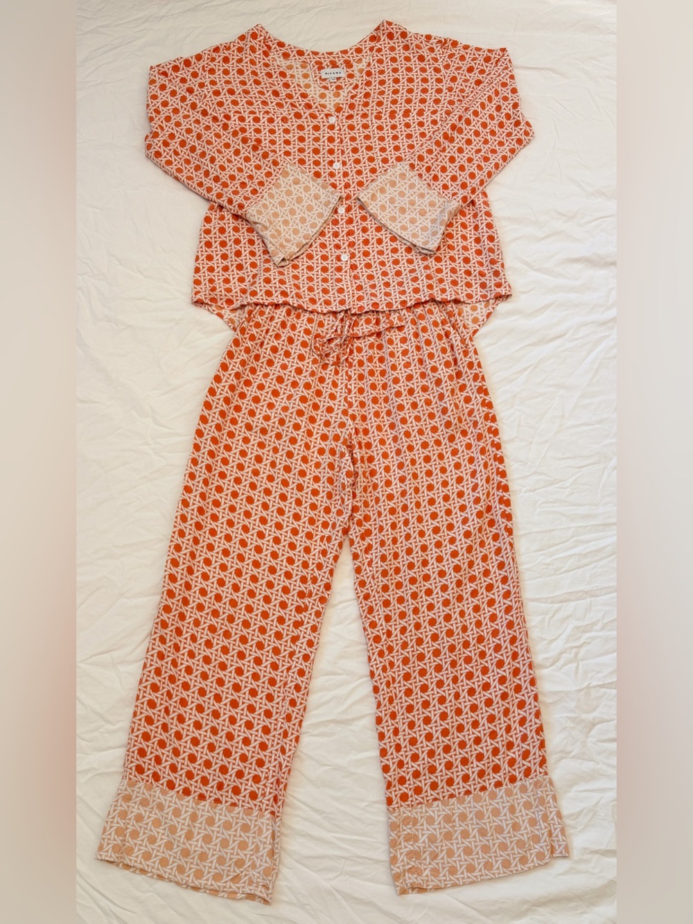 Piyama Orange Geometric Pajama Matching Set Rayon Wide Leg Lounge Size XS